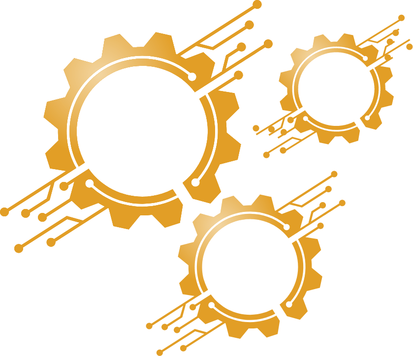 Three gears on a black background representing industrial automation.