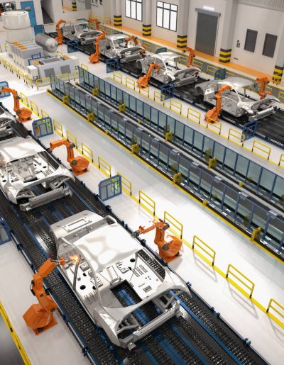 Doing assessments for an assembly line of cars in an automated factory.